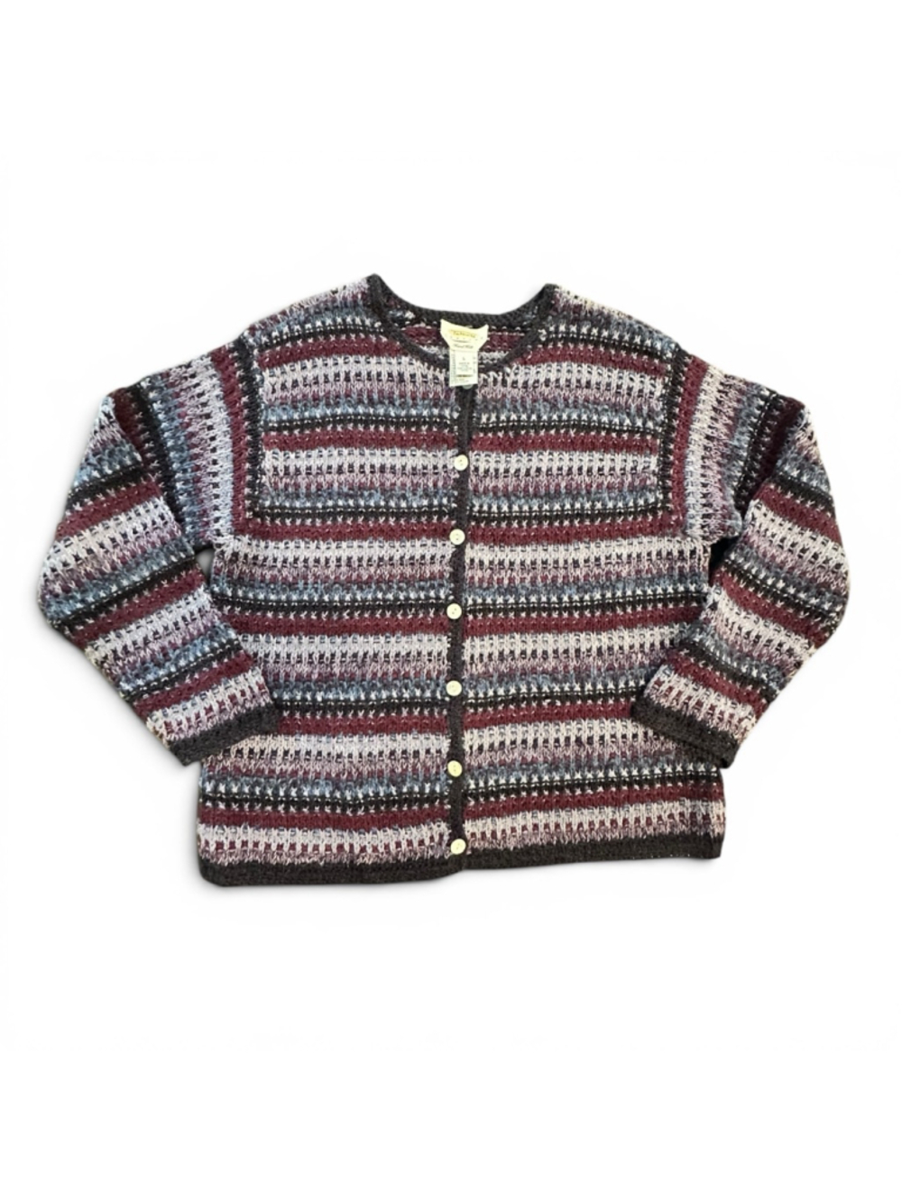 Vintage 90s Talbots Marled Stripe Cardigan Sweater Burgundy Gray Cottagecore Aca